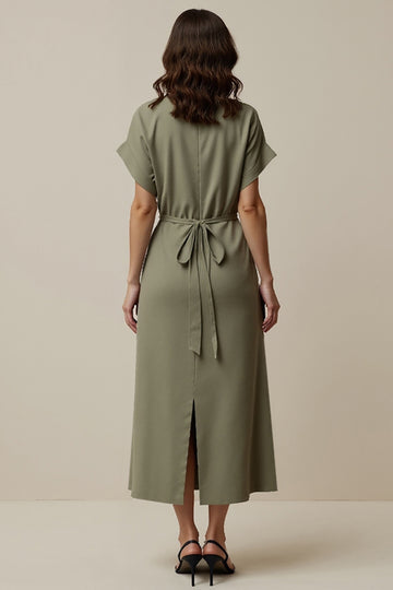 Sheath Grey Green Midi Work Dress with Slit